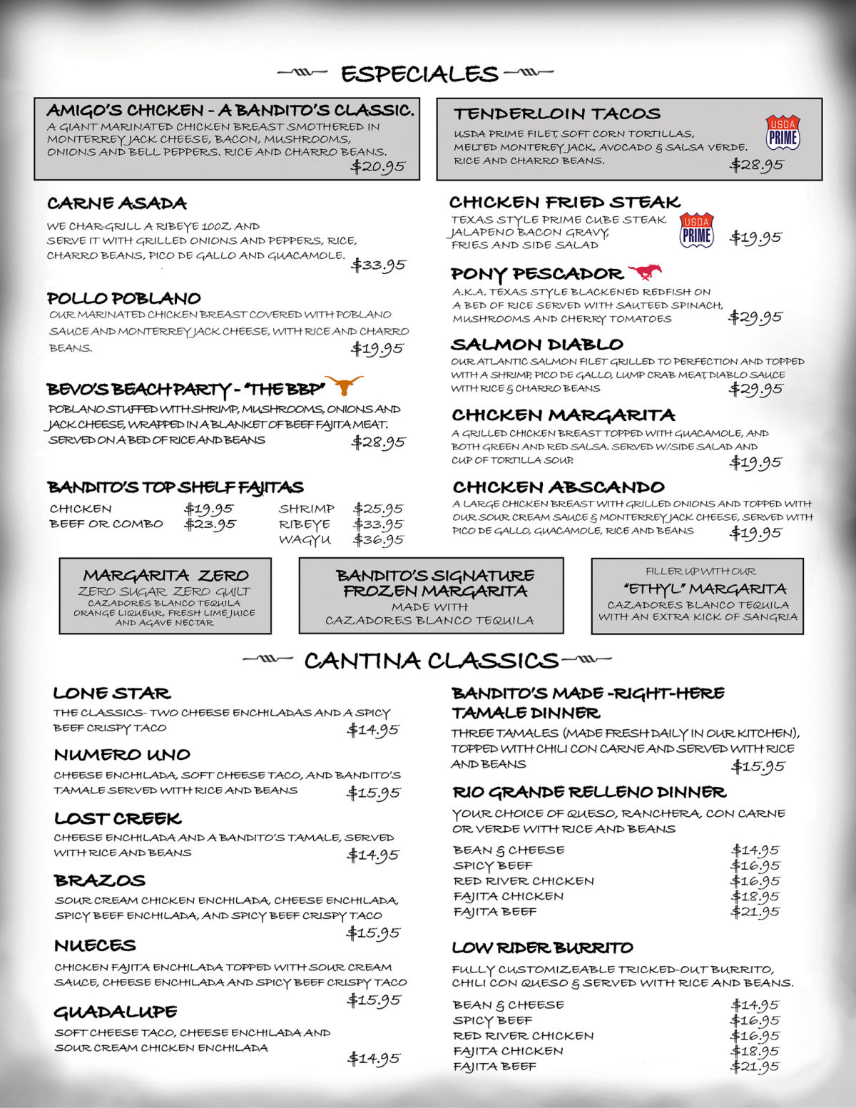 Bandito's Tex Mex Cantina Menu